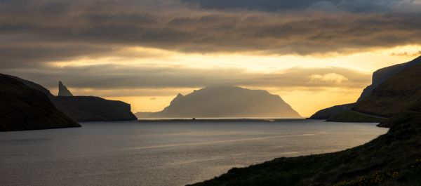 View of Mykines through sorvagsfjordur